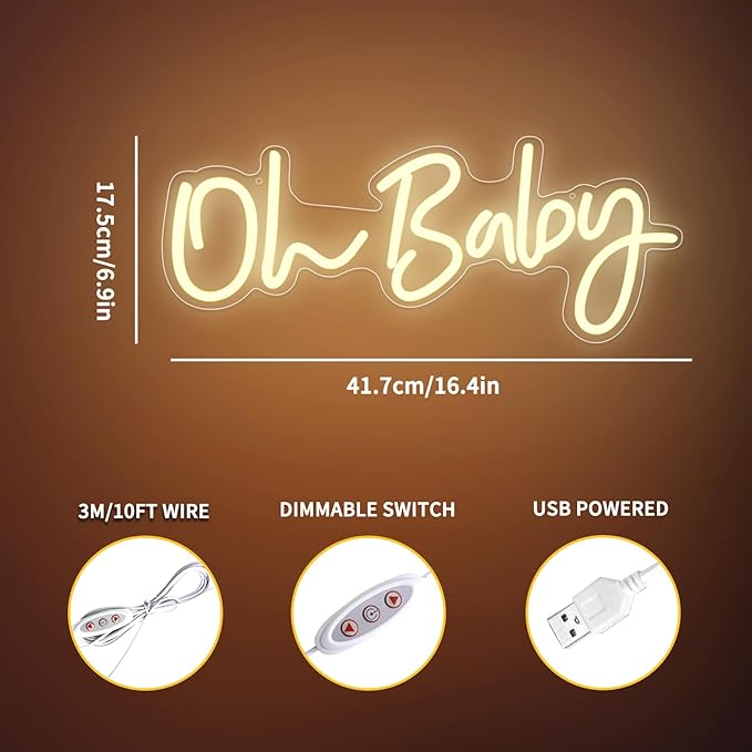 Warm White Oh Baby Letter Neon Sign，USB Powered LED Neon Light with Adjustable Brightness,Light Up Neon Signs for Bedroom Birthday Party Wedding Christmas Halloween Aesthetic