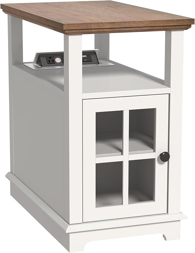 HIFYOBRO Narrow End Table with Flip Top Charging Station, Storage Side Table, Type-C & USB Port & Adjustable Shelf, White End Table Living Room & Bedroom Nightstand