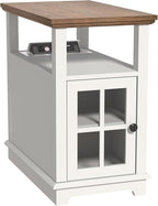 HIFYOBRO Narrow End Table with Flip Top Charging Station, Storage Side Table, Type-C & USB Port & Adjustable Shelf, White End Table Living Room & Bedroom Nightstand