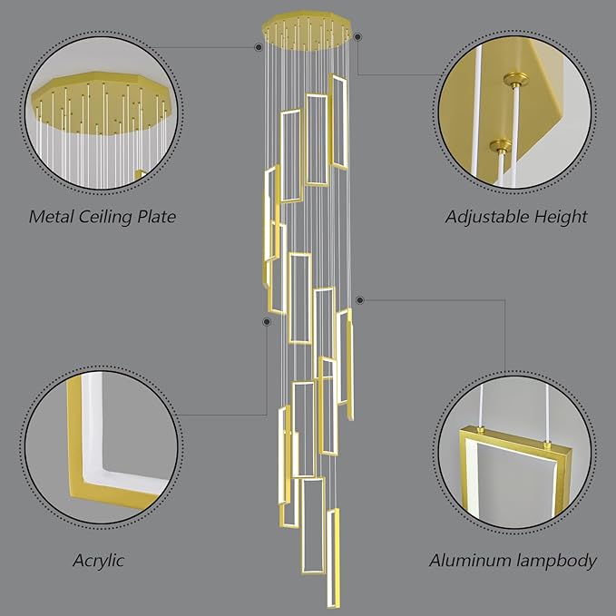 Modern Adjustable Height Pendant Light Fixture Gold 288W LED Pendant Lights 16 Rings Rectangular Chandelier Staircase Large Chandelier Lobby Living Room Foyer High Ceiling Chandeliers