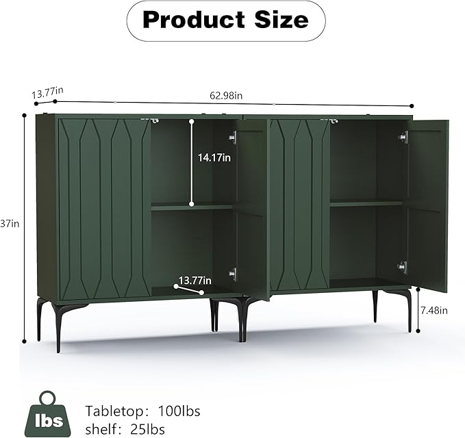 3More 2 Door Accent Cabinet Set of 2,Sideboard Buffet Storage Cabinet with Iron Legs and Adjustable Shelf,3D Lattice Design Suitable for Living Room, Entrance, Dining Room,Green