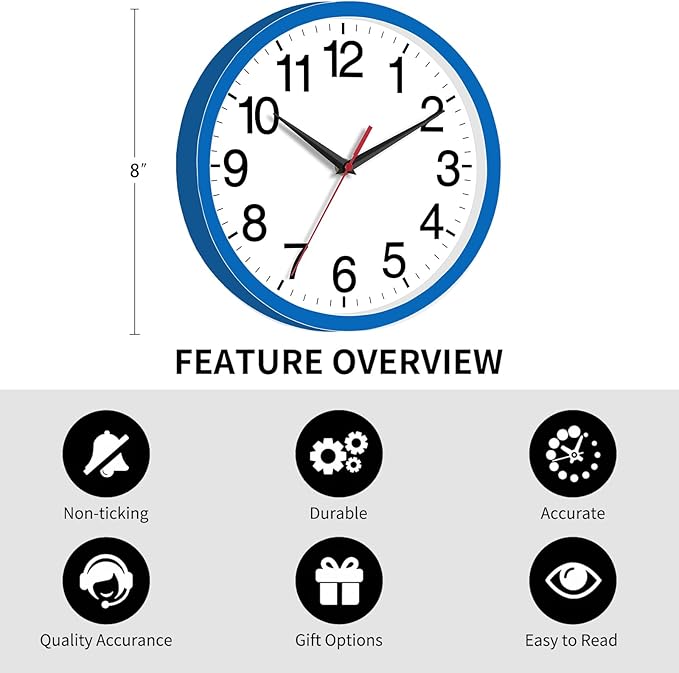 Wall Clock Modern 8 Inch Battery Operated Silent Non Ticking Small Analog Clock Decorative for Bedroom Kitchen Bathroom Office Home (Blue)