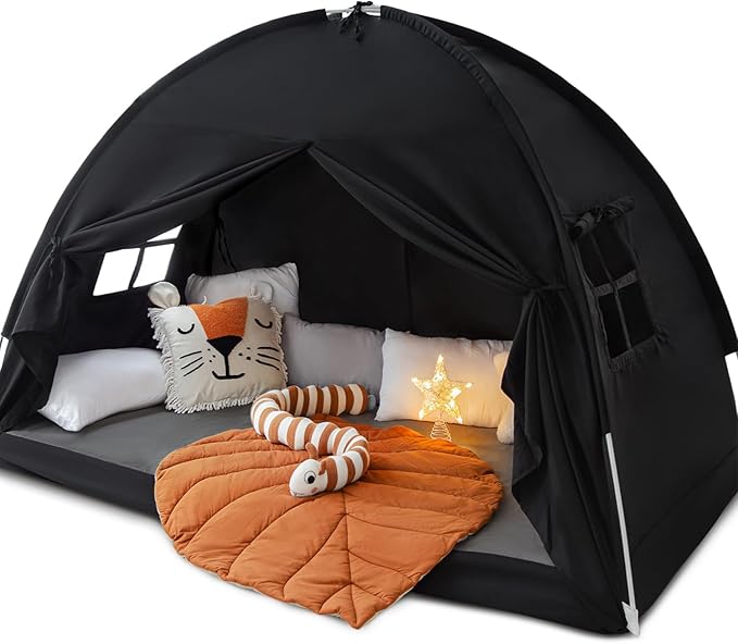 Sherilyn Full Size Bed Canopy Bed Tents Dream Tent on Bed Privacy Space Blackout Sleeping Tents Indoor Breathable Portable Cottage Drafty Room Floor (Large Black)