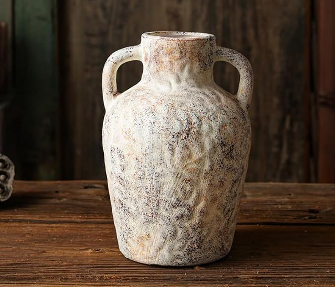 Vintage Wabi Sabi Ceramic Vase – Farmhouse Flower Vase with Handle, Rustic Decorative Pot for Entryway, Shelf, Floral Arrangement, Boho Home Decor