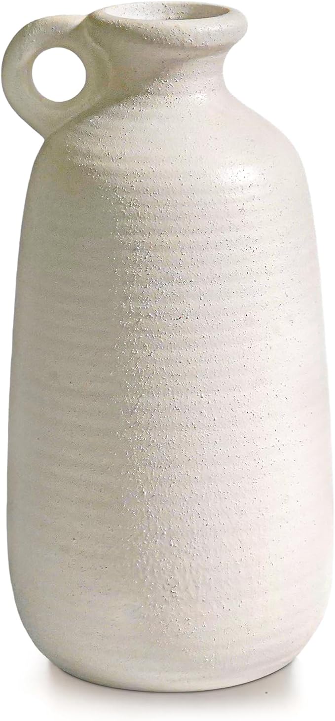 Sunddo White Vase with Handle, 10 inch Ceramic Rustic Vase, Farmhouse Decor, Boho Modern Decorations, Table, Living Room, Shelf, Mantel Decor