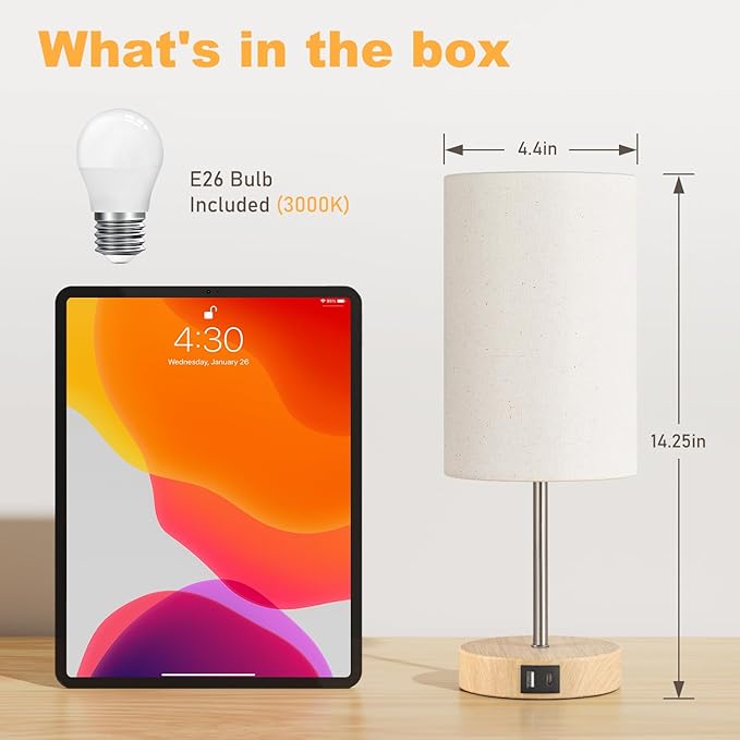 AKASUKI Table Lamp for Bedroom, 3 Way Dimmable Touch Lamp with Dual Charging Station, Small Bedside Lamps for Night Stands, Living Room, Office(LED Bulb Included)