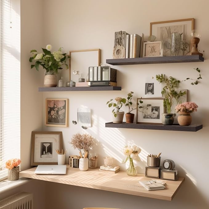 LaVie Home Floating Shelves, 24 Inch Wall Shelf Set of 2, Hanging Shelf with Invisible Brackets, Wall Decor for Bathroom, Bedroom, Living Room, Kitchen Storage, Rustic Brown