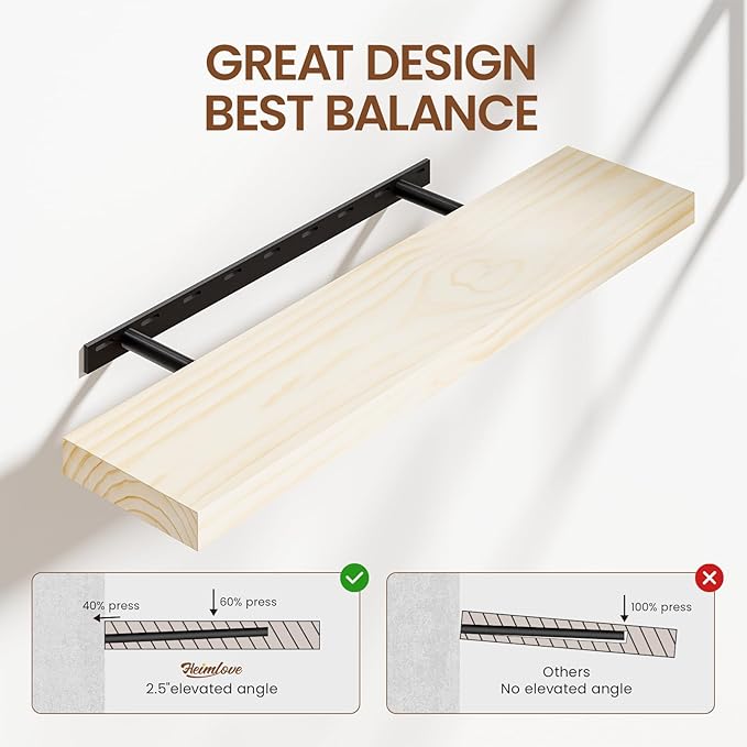 Heimlove 36 inch Floating Shelves for Wall,2 Packs Natural Pine Solid Wood Bathroom Shelf Over Toilet Decor and Storage 8 inches Deep for Kitchen Bedroom Office & Living Room Display Wall Decor