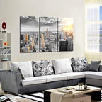 LevvArts Large 3 Piece New York City Canvas Wall Art Modern Black and White NYC at Gold Sunset Picture Prints Cityscape Skyline Poster Framed for Home Office Living Room Decor