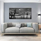 LevvArts - Black and White New York Picture Brooklyn Bridge Canvas Wall Art Full Moon Night Manhattan City Poster Canvas Print Framed Gallery Wrapped Modern Home Office Decoration