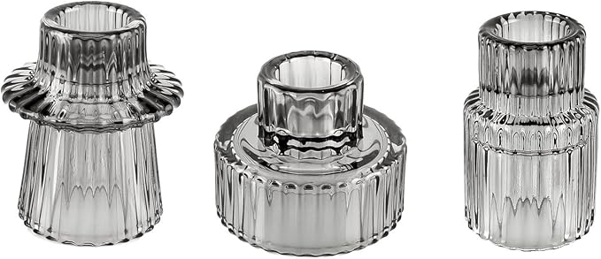 Double Sided Vintage Ribbed Taper Glass Candle Holders,Tea Candle Holder for Table Centerpieces, Wedding Decorations and Dinner Parties (Gray, 3 PCS)