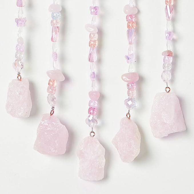 Fairy Pink Quartz Gemstone Dream Catcher 7 Chakras Tree of Life Moon Dream Catcher with Healing Crystal Stones Handmade Dreamcatcher Wall Decor for Adults Boys Girls,Bedroom,Wedding,Garden,Bless Gift