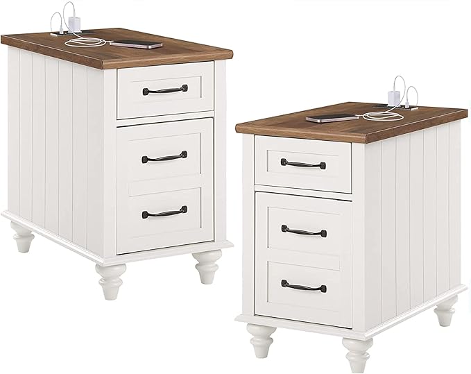 WAMPAT 2 Pack Off White End Table with Charging Station, Wood Side Sofa Table with Drawer and Storage Cabinet, Modern Nightstand with Power Outlets & USB Ports for Living Room, Bedroom