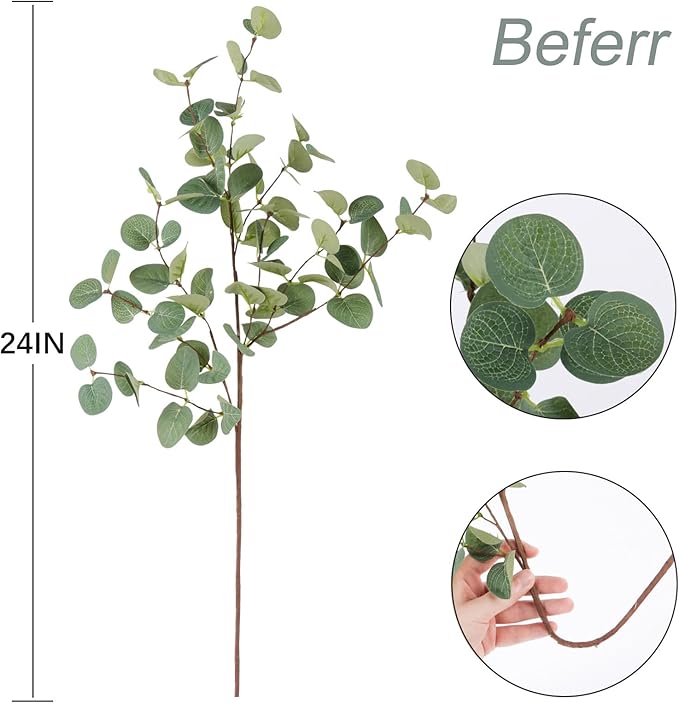 Beferr 6Pcs Artificial Eucalyptus Stems Greenery Stems 24" Tall Fake Plants Decor Faux Floral Stems for Vase Home Party Wedding Decorations