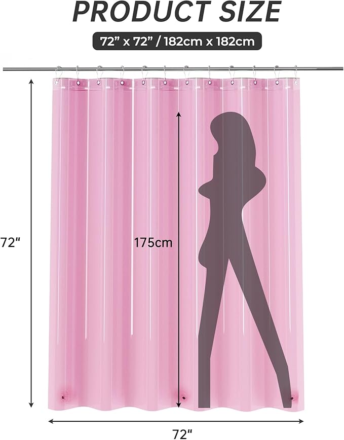 AmazerBath Shower Curtain Liner, 72x72 Transparent Hot Pink Shower Liner, Lightweight Plastic Shower Curtain Liners, Cute Waterproof Shower Liner for Bathroom with 3 Magnets & 12 Grommet Holes