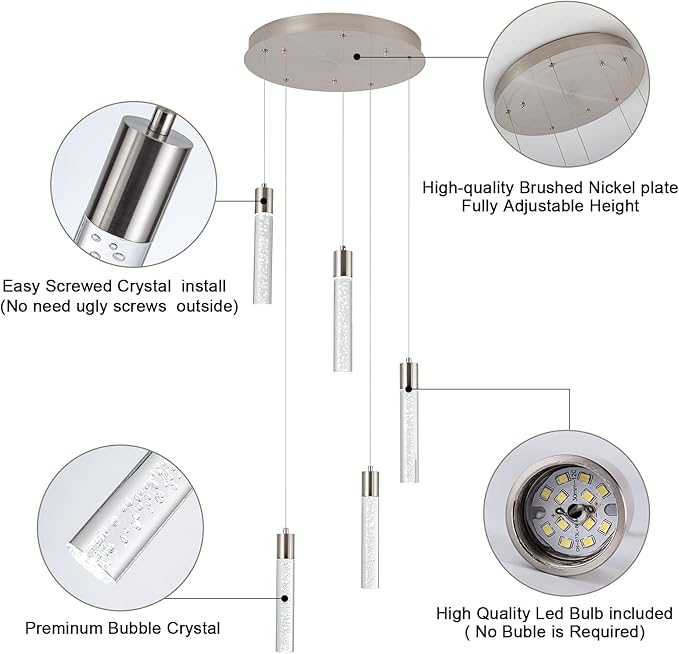 5-Light Pendant Lights for Kitchen Island, Kitchen Pendant Lighting Over Island,Integrated Modern Pendant Light with Crystal 40W,6000k Dimmable…