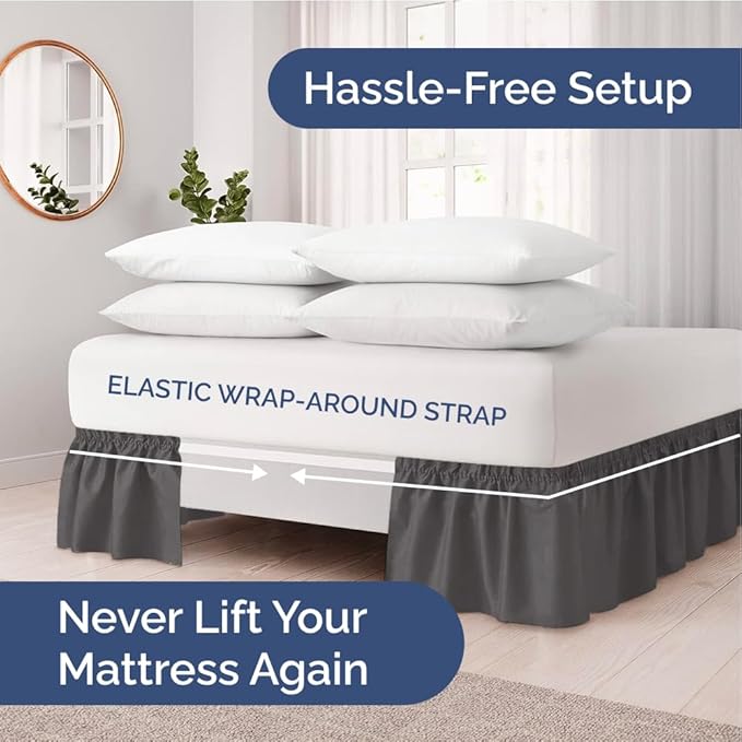 Wrap Around Dust Ruffle Bed Skirt - Charcoal - for Queen Size Beds w/ 15 Inch Drop - Easy Fit Elastic Strap - Adjustable Pleated Bedskirt w/Brushed Fabric - Wrinkle Free - Women, Men, Kids & Teens