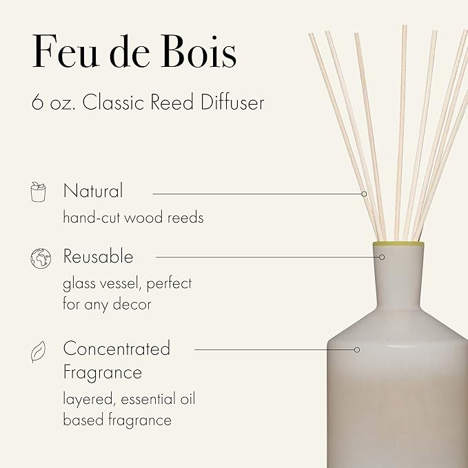 LAFCO New York Classic Reed Diffuser, Feu de Bois - 6 oz - Up to 3 Months Fragrance Life - Reusable Glass Vessel - Natural Wood Reeds - Made in The USA