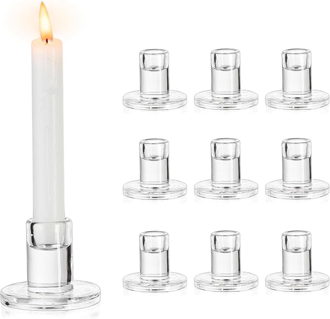 NUPTIO Glass Candle Stick Holder: Set of 10 Clear Small Taper Candlestick Holders for Tapered Candles Bulk Crystal Short Tapers Candlesticks Candleholder for Dining Table Fireplace Mantle Decor