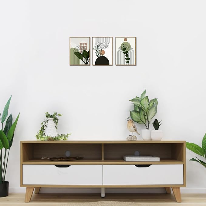 Bwodke Boho Wall Art, Framed Abstract Wall Art, Plant Canvas Wall Decor, Mid Century Line Leaf Geometric Pictures Set of 3, Minimalist Paintings, for Bedroom Living Room Bathroom 12"x16"
