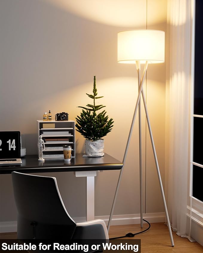 Lightdot White Tripod Floor Lamp, Modern Floor Lamp for Living Room, Standing Lamp with Linen Shade, E26 Bulb Included, 66" Tall Floor Lamp for Bedroom, Home Office