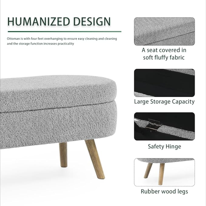 Oval Storage Bench 43.5" Linen Fabric Upholstered Entryway Bench with Solid Wood Legs Ottoman Bench Indoor Bench for Living Room/Bedroom/End of Bed/Entryway (New Grey)