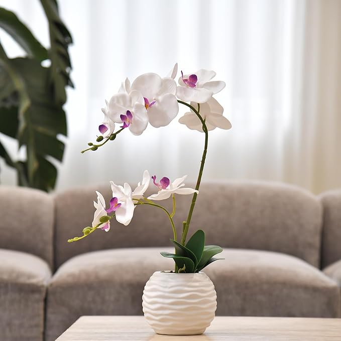 Artificial Potted Orchid Faux Phalaenopsis Silk Flowers Bonsai Realistic Arrangement in Ceramic Vase for Home Decoration Table Centerpiece, White
