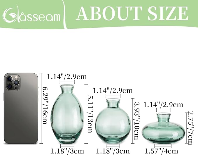 Bud Vases 3Pcs/Set Small Vases Handmade Cute Green Small Vases for Flowers Centerpieces Glass Vases Mini Vase Home Decor Centerpieces, Events Table Decor