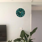 Teal Wall Clock Battery Operated 14 Inch Modern Abstract Clocks for Living Room Decor Marble Pattern Glass Analog Wall Clock Silent