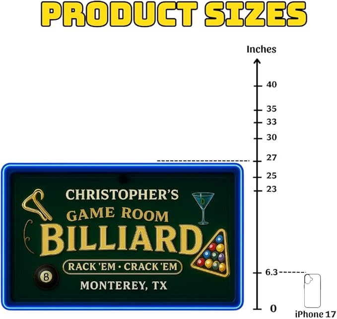 Personalized Billiards Neon Sign, Custom UV Printed Billiard LED Lights Signs, Decorative Wall Art, Lounge, Garage, Bar, Man Cave, Gaming Room Decor, Gifts For Men, Dad, Father, Friends