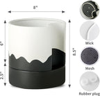 Nihow Self Watering Plant Pot: 8 Inch Ceramic Planter with Drainage Hole & Water Storage Plus for Indoor & Outdoor Plants - Cylinder Round Flower Pot for Succulent/Herbs/Violets - White & Wave Black