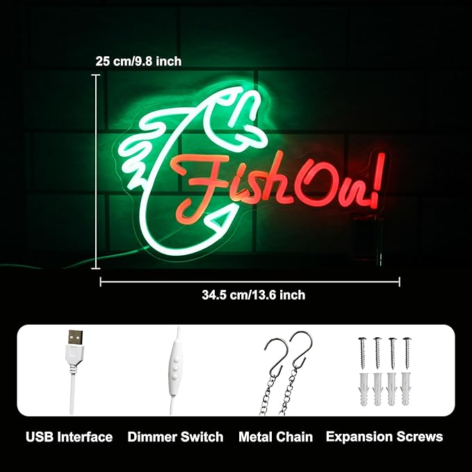 Fish On Neon Sign Go Fishing LED Signs for Wall Green Red Neon Light Dimmable Neon Lights Signs Fish Neon Light Up Sign for Bedroom Living Room Man Cave Yacht Decor Men Gifts