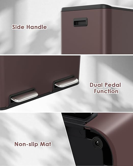 Arlopu 16Gal Dual Trash Can w/2 Built-in Box for Odor Control, Hands-Free Kitchen Garbage Bin, Recycle Waste Dustbin, Soft-Close Lid, 2 Buckets,Foot Pedal, Side Handle, Airtight,for Home Office