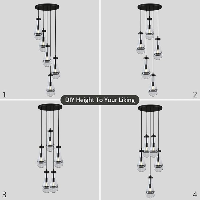 Raindrop 5 Light Cluster Pendant Lights, Black High Ceiling Chandeliers Adjustable, Living Room Pendant Light, Foyer Chandeliers, Stairwell Pendant Lighting, Bedroom Chandelier,E12 including bulb