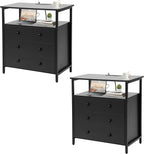 3 Wooden Drawers Nightstand, 27 Inch Wide Night Stand Set 2 with Charging Station and Adjustable Drawers, Small Dresser for Closet, Bedside Table for Living Room/Bedroom/Office, Black.