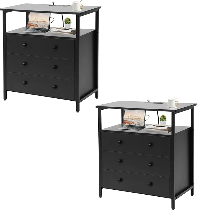3 Wooden Drawers Nightstand, 27 Inch Wide Night Stand Set 2 with Charging Station and Adjustable Drawers, Small Dresser for Closet, Bedside Table for Living Room/Bedroom/Office, Black.