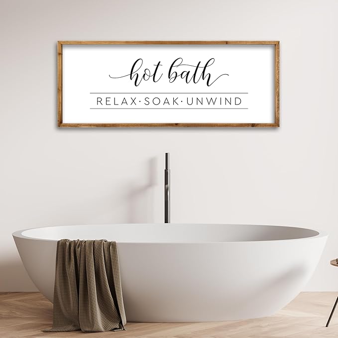 ZZJJHYWGQ Hot Bath Relax Soak Unwind Sign Bathroom Wall Decor 32"×12" Farmhouse Rustic Funny Bathroom Vintage Restroom Guest Large Wooden Framed Washroom Hanging Art (Wood)