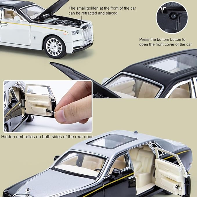 Alloy Collectible Rolls-Royce Phantom Model Toy Car, 1/32 Scale Diecast Car Model Pull Back Vehicles Phantom Toy with Sound & Light, Car Logo Can be Folded