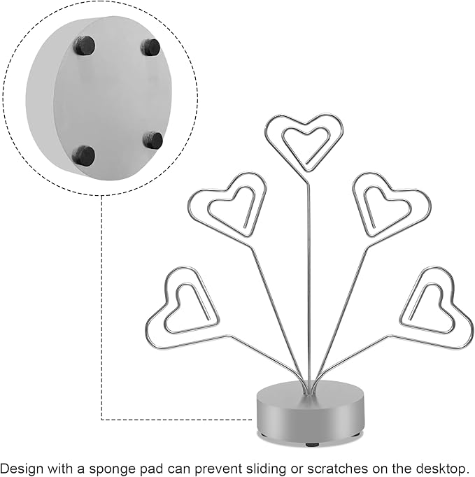 Desktop Heart-Shaped Photo Tree Style Holders Round Base,5-Branch Family Picture Frame Clips Holder Desk Card Display Stand for Christmas,Wedding, Birthday Party,Gift Silver
