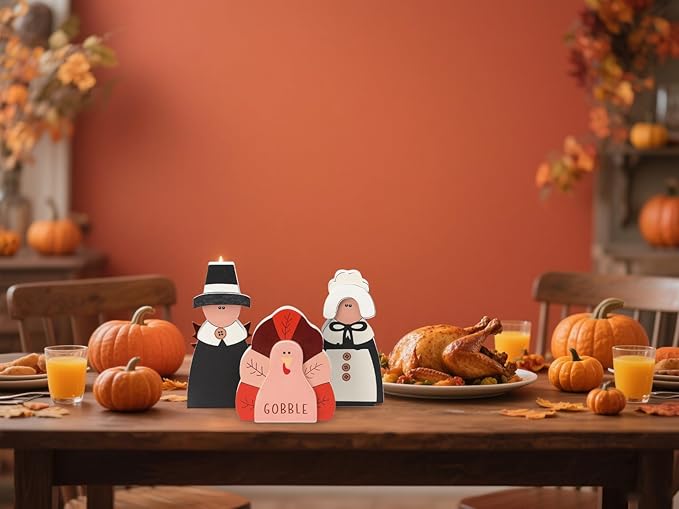 Amorita Fall Thanksgiving Decorations Wooden Turkey Pilgrim Couple Table Sign 3 Pcs Fall Thanksgiving Decor Standing Tabletop Sign Decor for Autumn Harvest - W