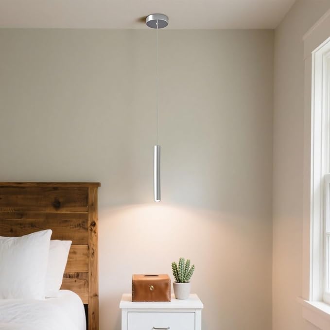 Modern LED Pendant Light Fixtures Chrome Long Tube Pendant Lights 2 Pack Pendant Lighting for Bedroom Dining Room Bar Kitchen Island Hanging Light Height Adjustable, 3000K