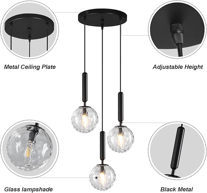 Mid Century Globe Pendant Light with Clear Glass for Kitchen Island Modern Balck Finish Hanging Light Fixture Retro Round Pendant Lighting for Living Room Bedroom Entryway(3 Lights)