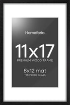 Homeforia 11x17 Picture Frame Black Wood, High End Oak 11x17 Poster Frames with Mat 8x12, 11 x 17 Wooden Frame Matted to 8 x 12 inch Photo, 17x11 Thin Hanging Frame, Tempered Glass, Wall Kit, Set of 1
