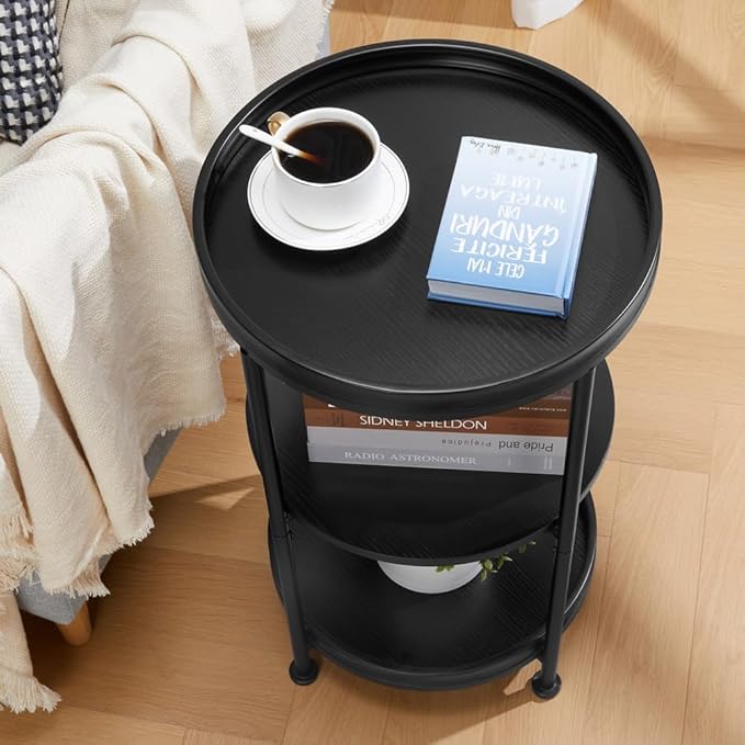 Dulcii Side Table, Round End Table with 3 Shelves for Living Room, Bedroom, Nightstand with Steel Frame for Small Spaces, Industrial Round Sofa Table, Outdoor Accent Coffee Table, Black