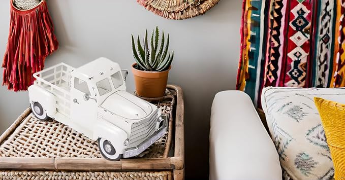 Metal Truck Decor,Farmhouse Truck Decor,Decorative Tabletop Storage & Pick-up Metal Truck Planter, 12.5" x 5.75" x 6.25" inches (White)