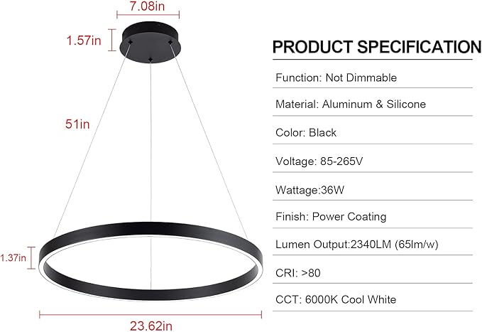 MADEM Room Decor Modern LED Pendant Light 1-Ring Circular Contemporary Chandelier 23.6'' Flush Mount Pendant Lighting for Living Dining Room Bedroom, 6000K Cool White, Black
