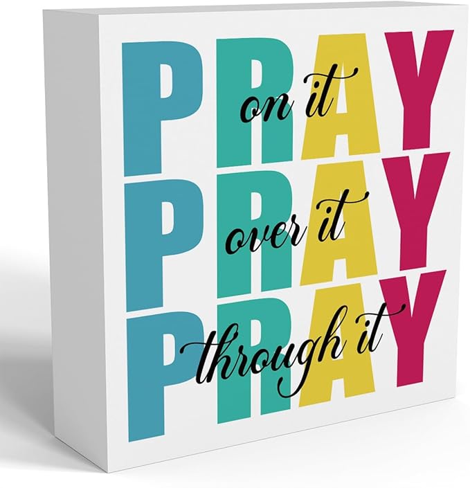 Office Decor for Women Christian Gifts Desk Bedroom Bible Verse Wall Art Inspirational Wooden Box - Pray on It Over It Through It