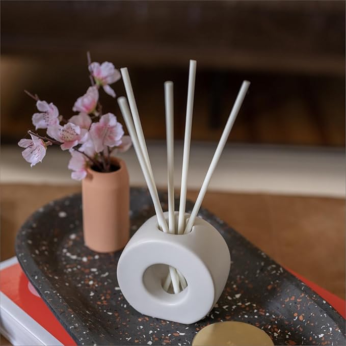ScentAir Infused Liquidless Reeds | Includes 25 Flameless Reeds and 1 Decorative Vase, White | Essential Oil Aroma Diffuser Sticks | Fresh Spa Scents | Amazon Exclusive | Leather Woods