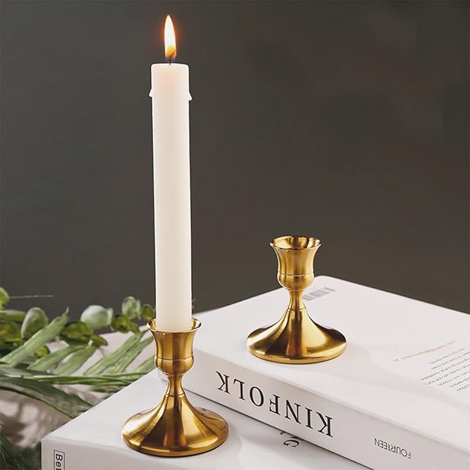 Vintage Brass Gold Taper Candle Holders Set of 2, Metal Candlestick Holders Elegant Handcrafted Décor for Weddings, Dining & Meditation,Table Centerpiece, Party, Christmas Decoration or Home Decor