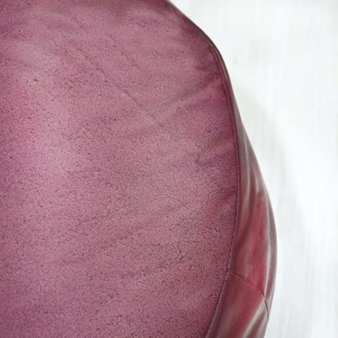 PF12 Round Shaped Goat Leather Handmade Eco-Friendly Dark Pink Pouf - 21" x 21" x 12", Plain Solid, Recycled Foam with Fibre Fill Stuffed